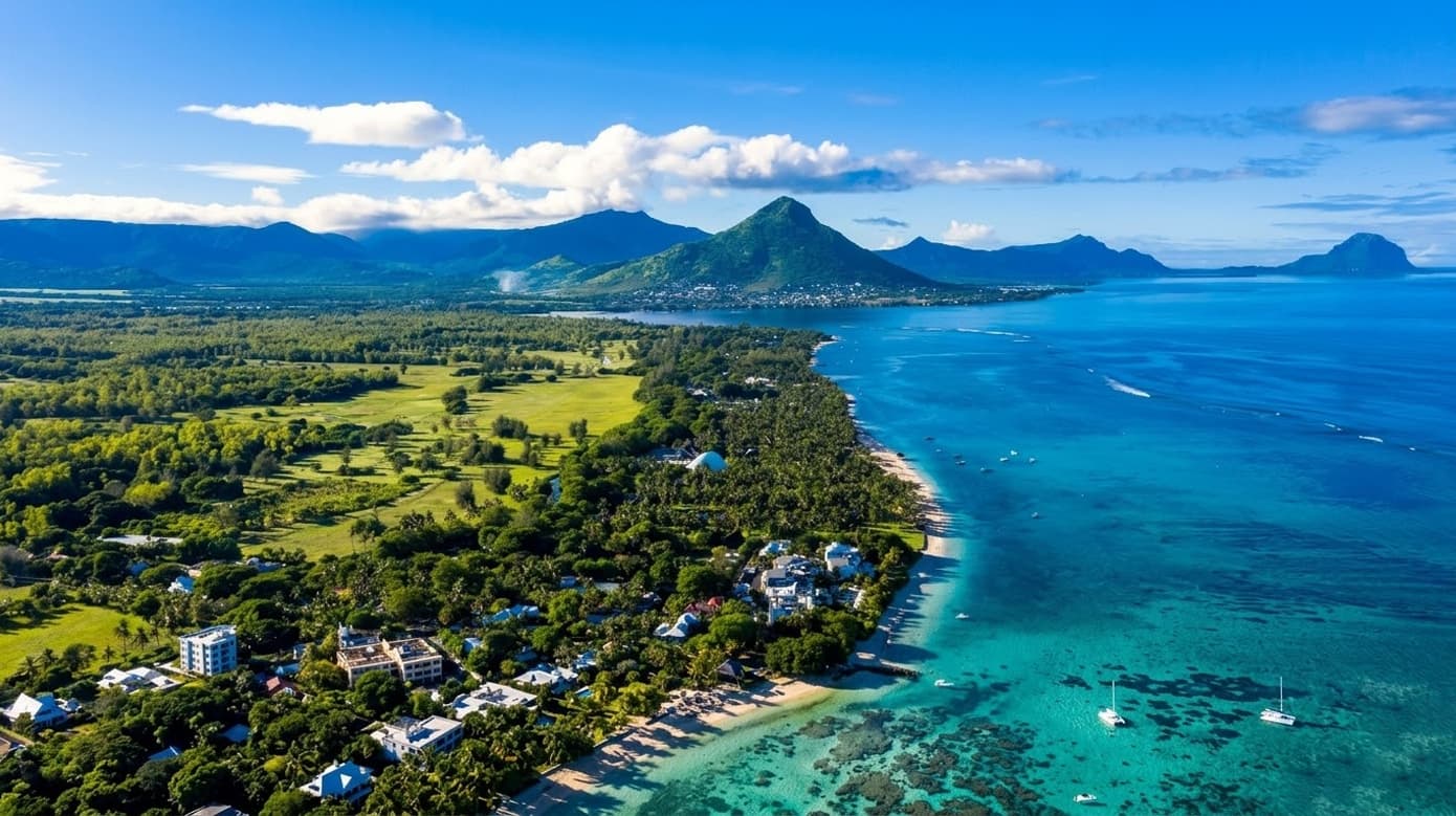 Vue aérienne de la côte ouest de l’île Maurice avec lagon turquoise, littoral tropical et montagnes près de Tamarin et Rivière Noire