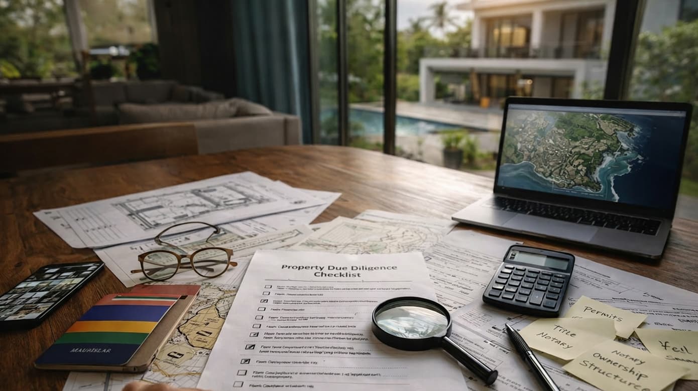 Foreign buyer reviewing property due diligence documents in Mauritius