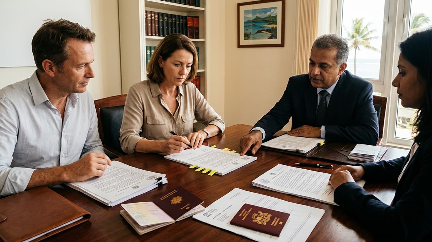 Buyer signing the deed of sale with a notary in Mauritius