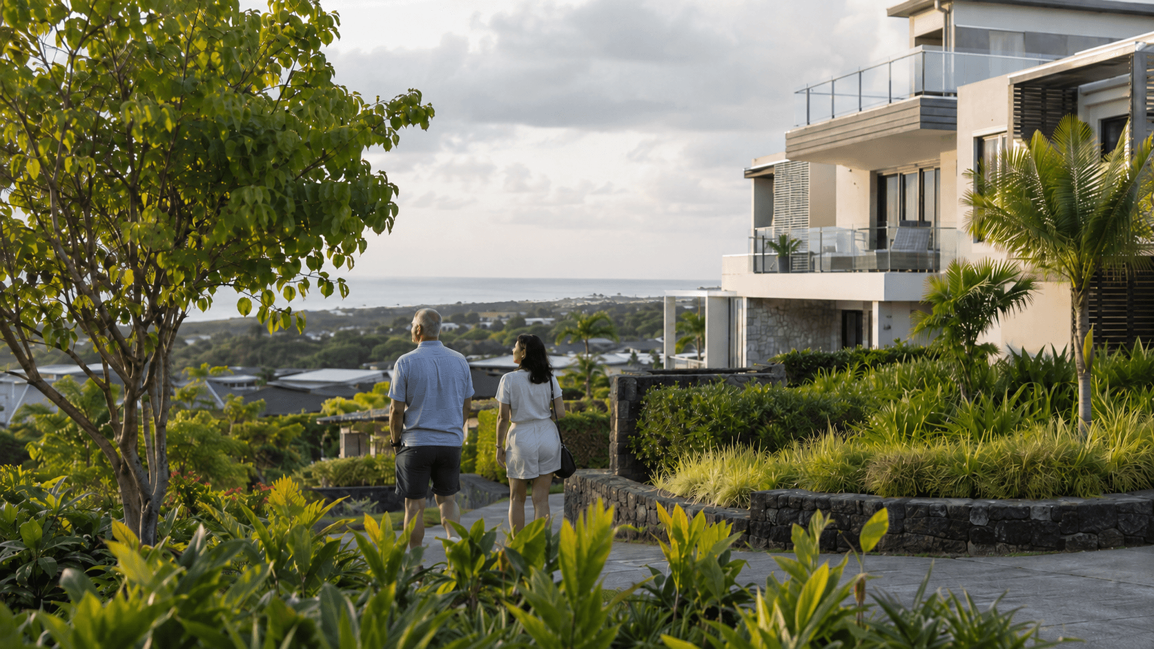 Foreign buyers visiting a luxury residential property in Mauritius