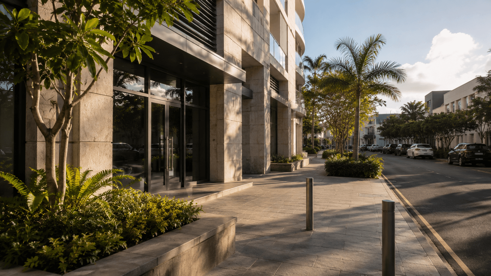 Modern property development in Mauritius with tropical landscaping for foreign buyers